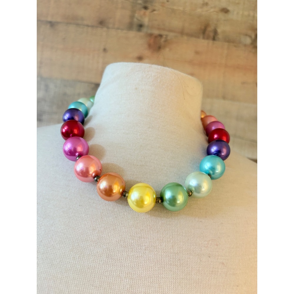 Rainbow Chunky Faux Pearl Statement Necklace Multicolor Metallic Large Bead 18in